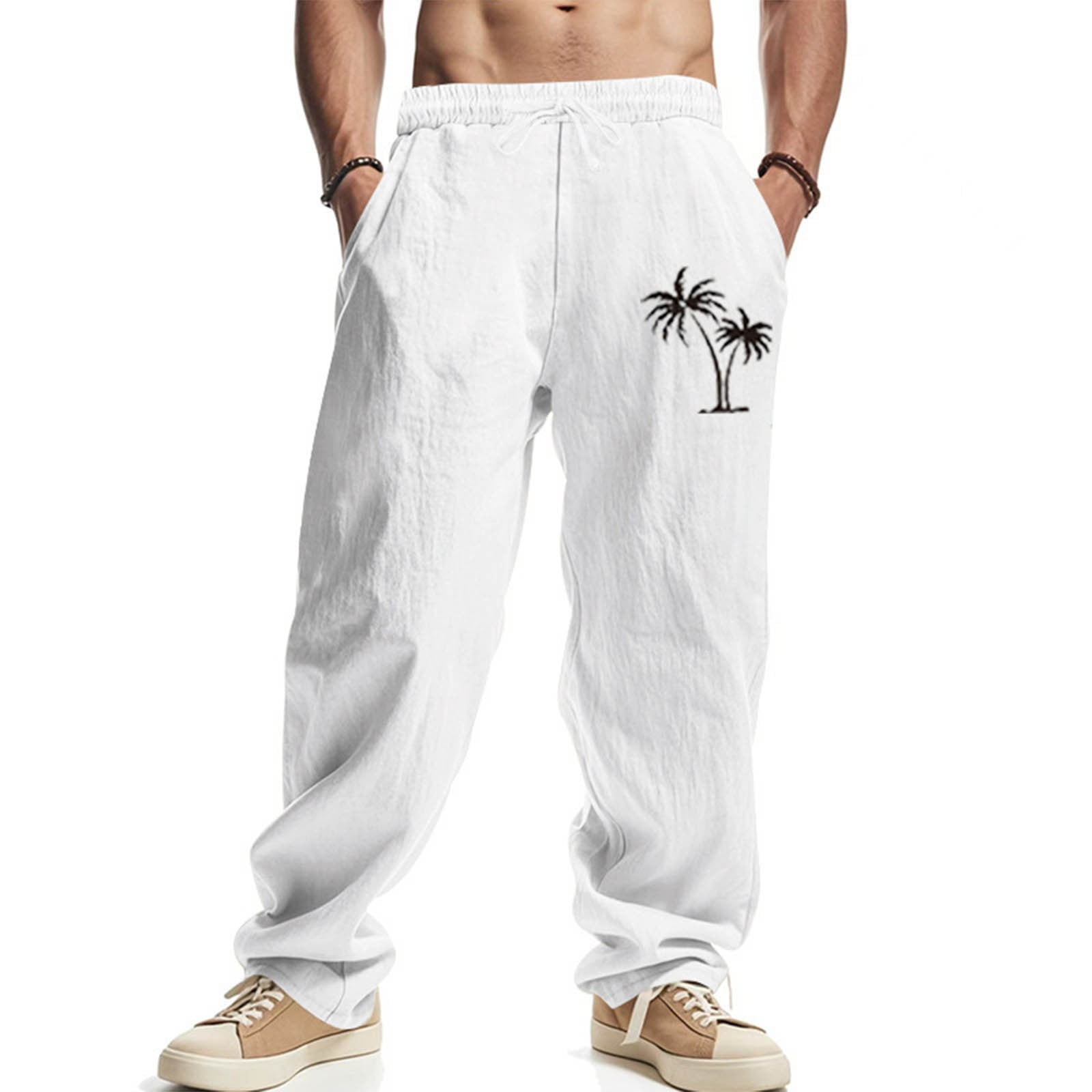 Zynviq Beach Pants Men Elastic Waist Drawstring Coconut Tree Lounge ...