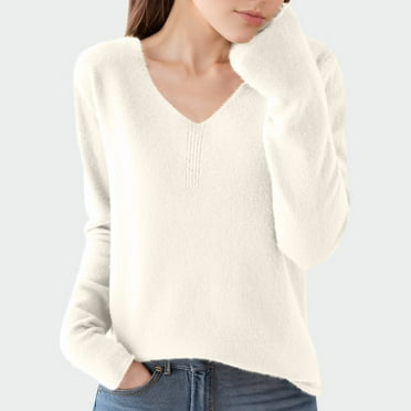 Zynviq Beige Womans Sweaters Pullover V Neck Casual Long Sleeve Solid Sweater Tops for Women L