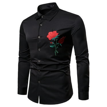 Zynviq Black Mens Shirts Clearance Long Sleeve Floral Slim Fit Embroidery Printed Button Down Shirts Mens Tops Trendy L