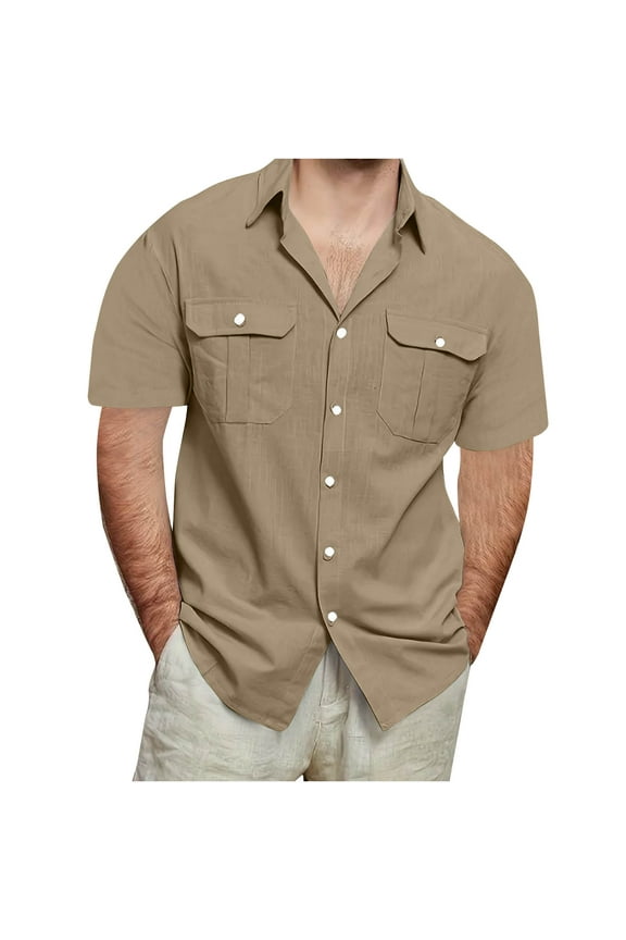 Brown Cotton Linen Shirt for Men Short Sleeve Solid Vintage 2 Pockets Button Down Shirt Mens Tops 3XL