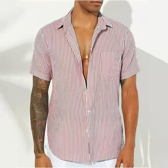 Zynviq Button Down Shirts for Men Collared Short Sleeve Regular Fit Striped Shirts Men Tops Trendy XXL