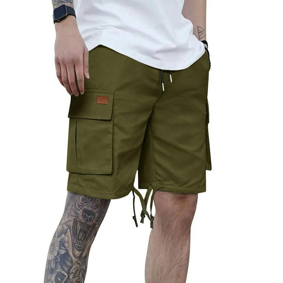 Zynviq Cargo Shorts for Men Elastic Waist Green Drawstring Loose Fit Twill Multi Pocket Solid Workwear Shorts L