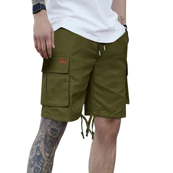 Zynviq Cargo Shorts for Men Elastic Waist Green Drawstring Loose Fit Twill Multi Pocket Solid Workwear Shorts L