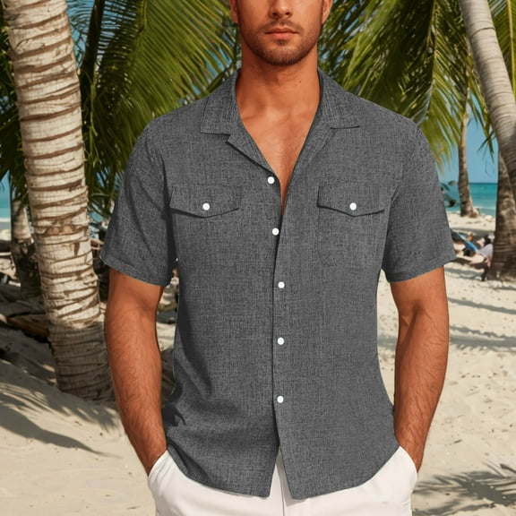 Zynviq Casual Mens Tee Shirts Button Down Short Sleeve Cargo Pocket Loose Fit Solid Linen Shirts Tops Men XXL