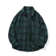 Zynviq Men Tops Under 15 Long Sleeve Army Green Loose Cotton Blends Plaid Button Down Shirts Men Shirts L