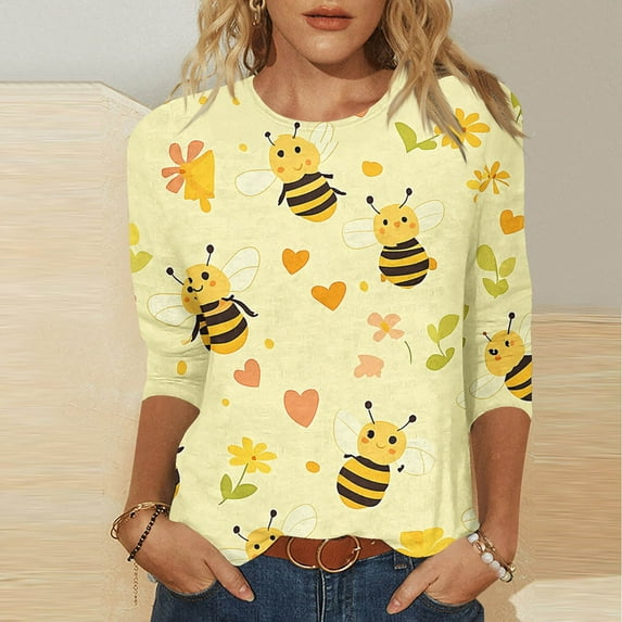 Zynviq Casual Womans Tops Yellow 3/4 Sleeve Comfy Floral Print Crew Neck T Shirts Ladies Shirts L