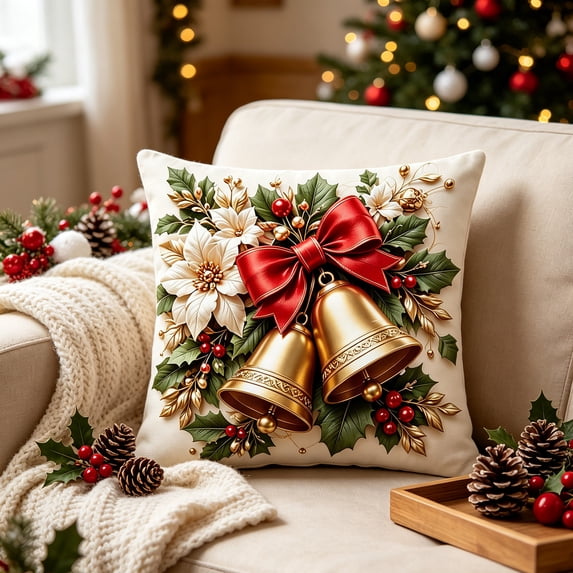 Zynviq Christmas Decorative Pillow Covers Multicolor 18x18inch Couch Pillow Covers Bell Cloth with Zipper Square