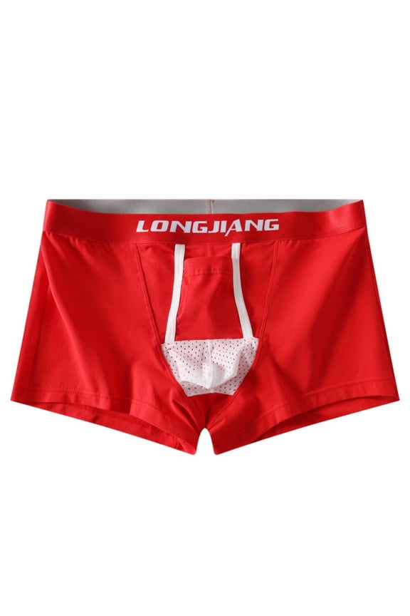 Cotton Knit Men Underwear Separate Pouch Breathable Red Soft Open Fly Boxer Briefs Mens Briefs,L