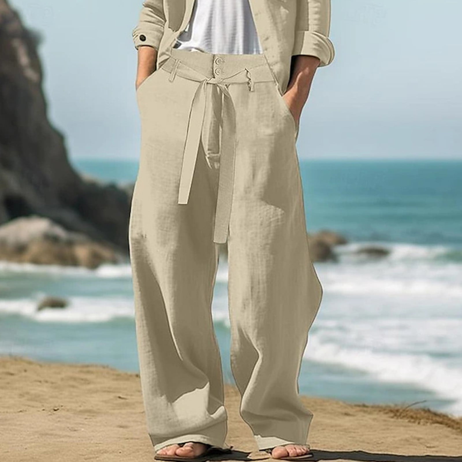 JWD Men's Lightweight Cotton Linen Pants, Elastic Waistband