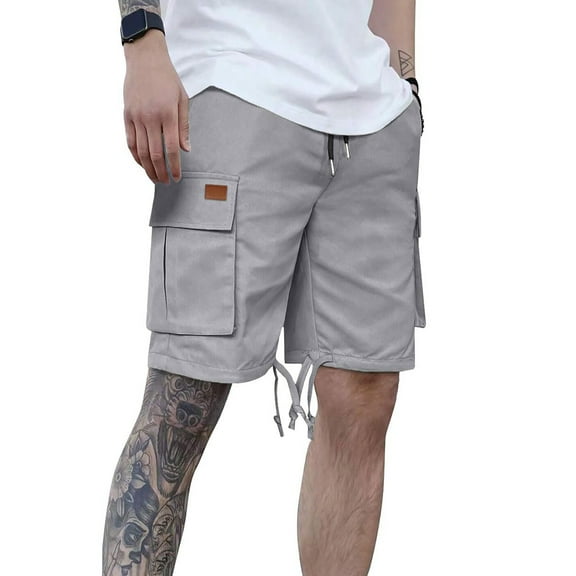 Zynviq Drawstring Men Shorts Cargo Gray Elastic Waist Loose Fit Multi Pocket Twill Solid Workwear Shorts M
