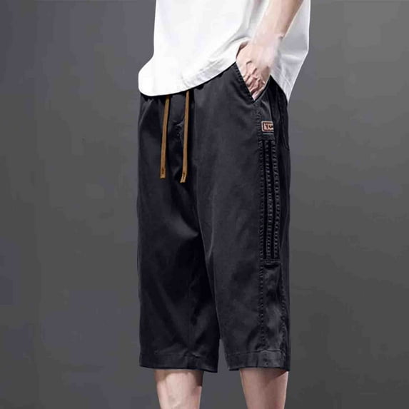 Zynviq Elastic Waist Men Pants Casual Drawstring Solid Loose Capri Cropped Pants Pants Men under $10,L