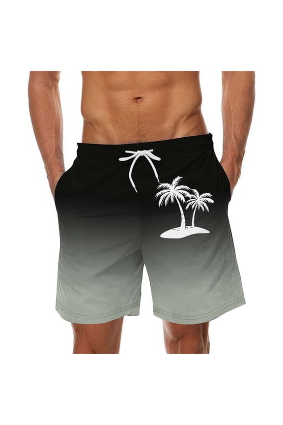 Elastic Waist Men Shorts Plus Black Drawstring Tropical Quick Dry Gradient Color Vacation Swim Trunks XL