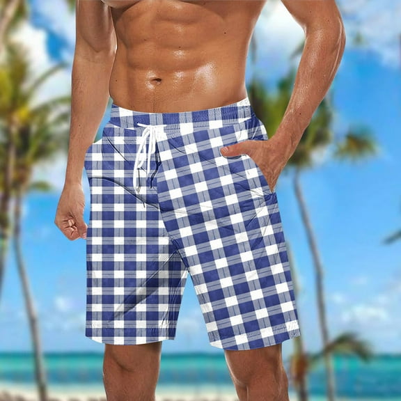 Zynviq Elastic Waist Plus Size Shorts for Men Drawstring Blue Plaid High Stretch Bathing Suit Beach Shorts L