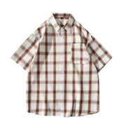 Zynviq Brown Men Shirts Short Sleeve Cotton Blend Plaid Button-Up Shirts Mens Summer Shirts L