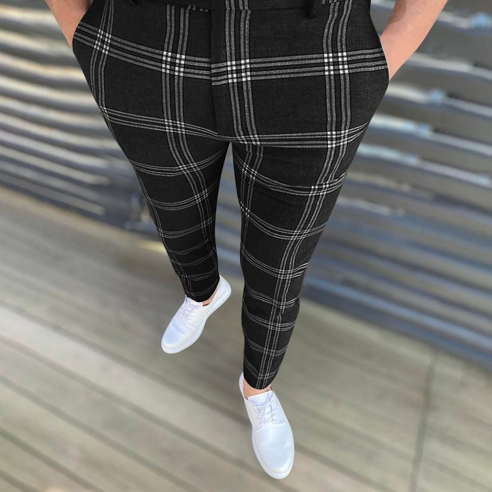 Zynviq Golf Casual Mens Pants Bussiness Zipper Plaid Stretch Skinny ...