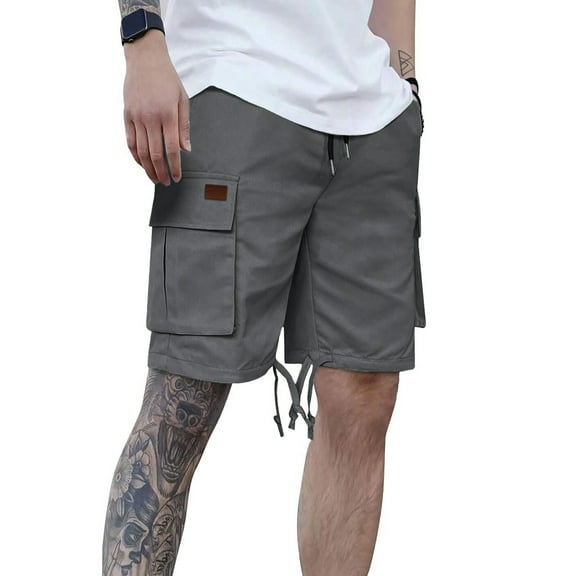 Zynviq Gray 2025 Fashion Men Shorts Drawstring Cargo Twill Loose Fit Multi Pocket Solid Workwear Shorts XXXL