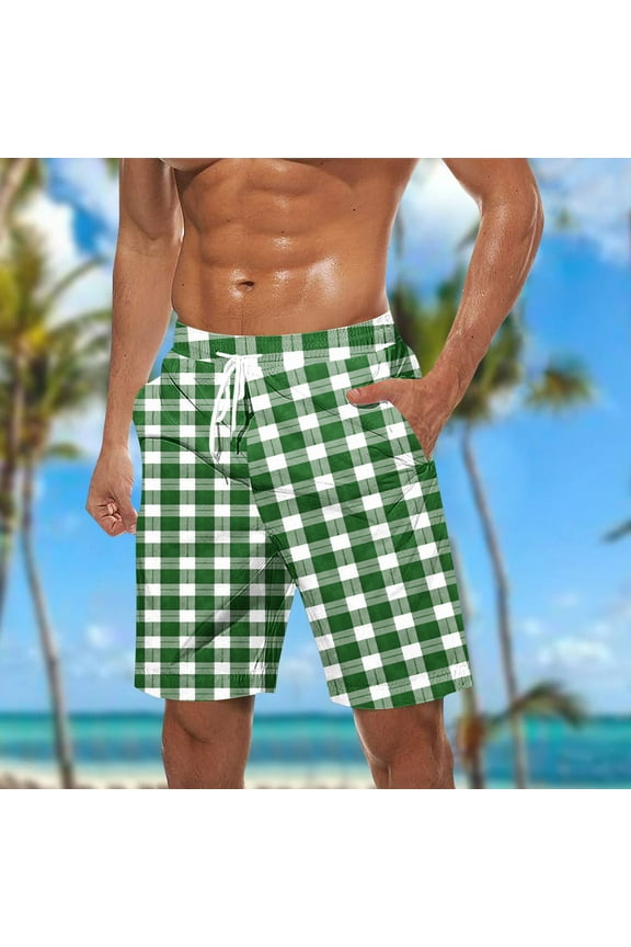 Green Man Casual Shorts Elastic Waist Drawstring High Stretch Bathing Suit Plaid Beach Shorts L