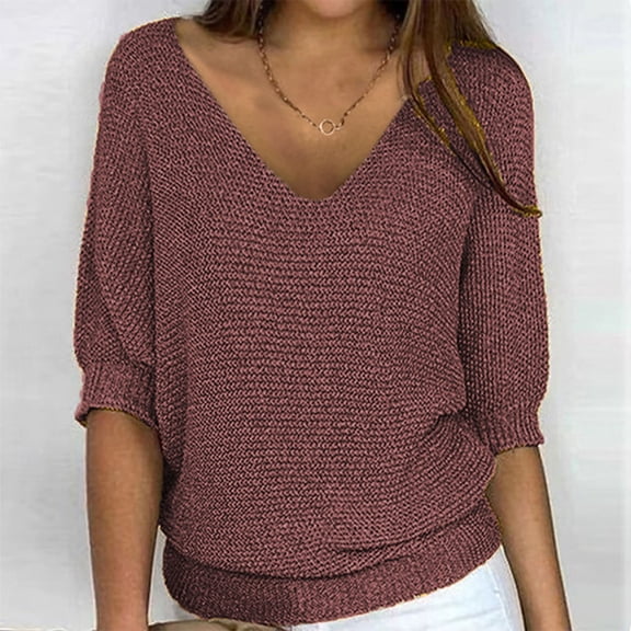 Zynviq Knited Tops Ladies 3/4 Sleeve V Neck Brown Solid Classic T Shirts Women's Summer Shirts XL