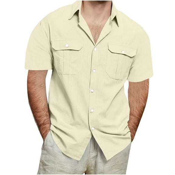 Zynviq Men's Cotton Linen Shirts Beige Short Sleeve Vintage Solid 2 Pockets Button Down Shirt Mens Spring Top 5XL