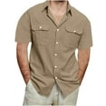 thumbnail image 1 of Zynviq Men's Cotton Linen Shirts Short Sleeve Brown Vintage Solid 2 Pockets Button Down Shirt Men Spring Tops XL, 1 of 8