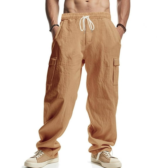 Zynviq Mens Pants Drawstring Elastic Waist Flax Loose Fit Cargo Pants Trendy Men Pants 2025,XXXL