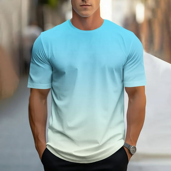Zynviq Mens Shirt Short Sleeve Blue Casual Gradient Color Contrast Color Active T Shirt Spring Tops for Men 2XL
