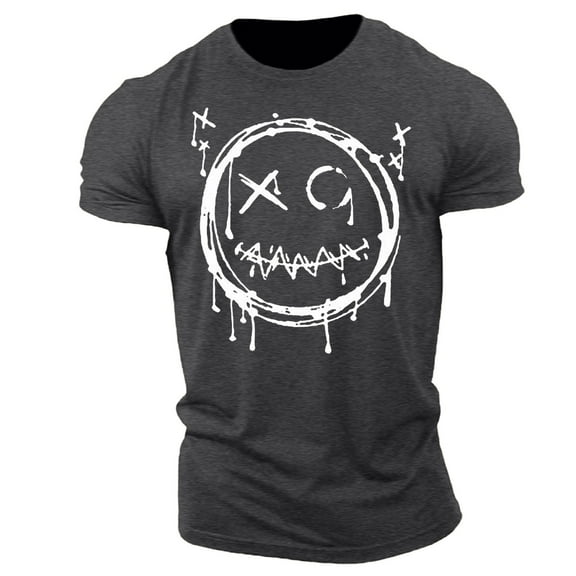 Zynviq Mens Shirts Gray Short Sleeve Smile Printed Casual Festival T Shirts Men's Tops XL