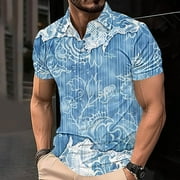 Zynviq Mens Summer Clothes Short Sleeve Performance Hawaiian Print Polo Shirts Mens Gifts Light Blue L