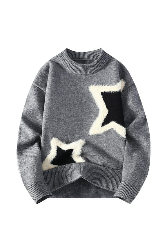 Mens Sweater Gray Crew Neck Oversized Star Printed Pullover Long Sleeve Sweaters Mens Chunky Sweater XXXXL