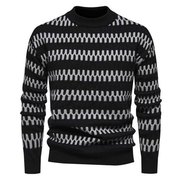 Zynviq Mens Sweaters Casual Black Crew Neck Long Sleeve Striped Pullover Slim Sweaters Comfy Sweater for Men L