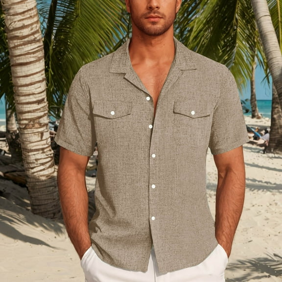 Zynviq Mens Tee Shirts Casual Short Sleeve Button Down Cargo Pocket Solid Loose Fit Linen Shirts Men Tops M