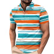 Zynviq Mens Travel Shirts Performance Short Sleeve Striped Print Polo Shirts 2024 Summer Men Shirts Multicolor L