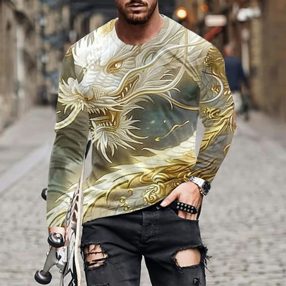Zynviq Shirt for Men Long Sleeve Yellow Graphic 3D Dragon Printed Funky T-Shirt Top for Men L