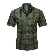 Zynviq Short Sleeve Mens Shirts Trendy Slim-Fit 100% Cotton Plaid Button Up Shirts 2024 Trendy Mens Shirts Army Green L