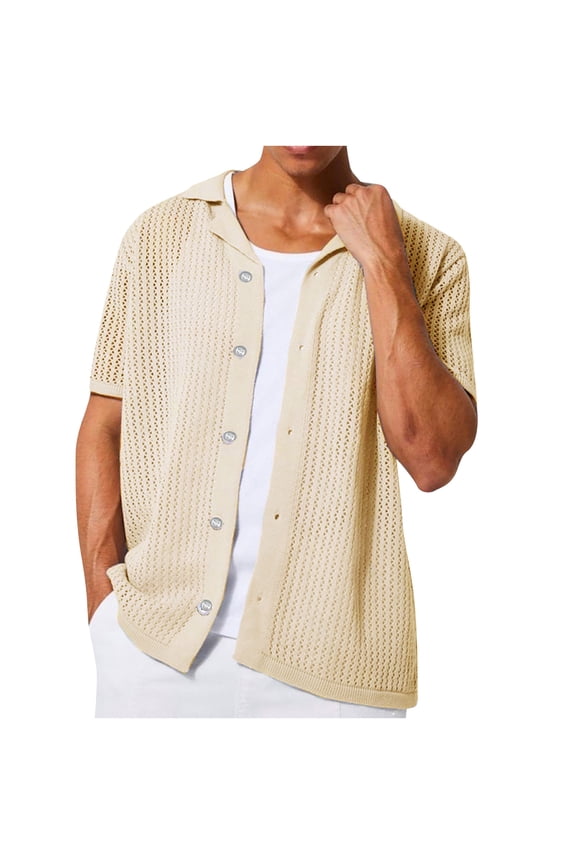 Short Sleeve Mens Tee Shirts Button Down Knitted Solid Crochet Shirts Men Tops L