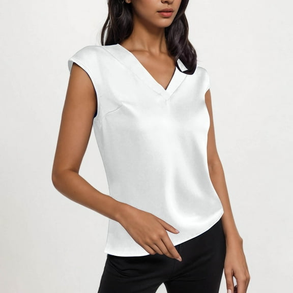 Zynviq Silk Satin Tops for Women V Neck Sleeveless Loose Elegant Solid T-Shirts Tees for Women M