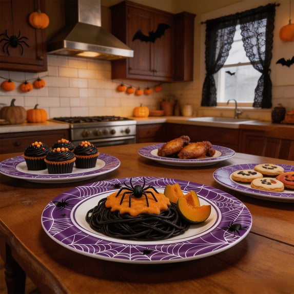 Zynviq Spider Web Halloween Paper Plates 9in 24pc Disposable Paper Plates Paper Round Purple Reusable For Dessert, Cake, Appetizer, Dinner