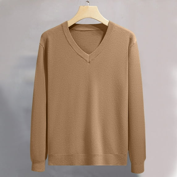 Zynviq Sweater Men Brown V Neck Solid Pullover Oversized Long Sleeve Sweaters Knitted Tops for Men M