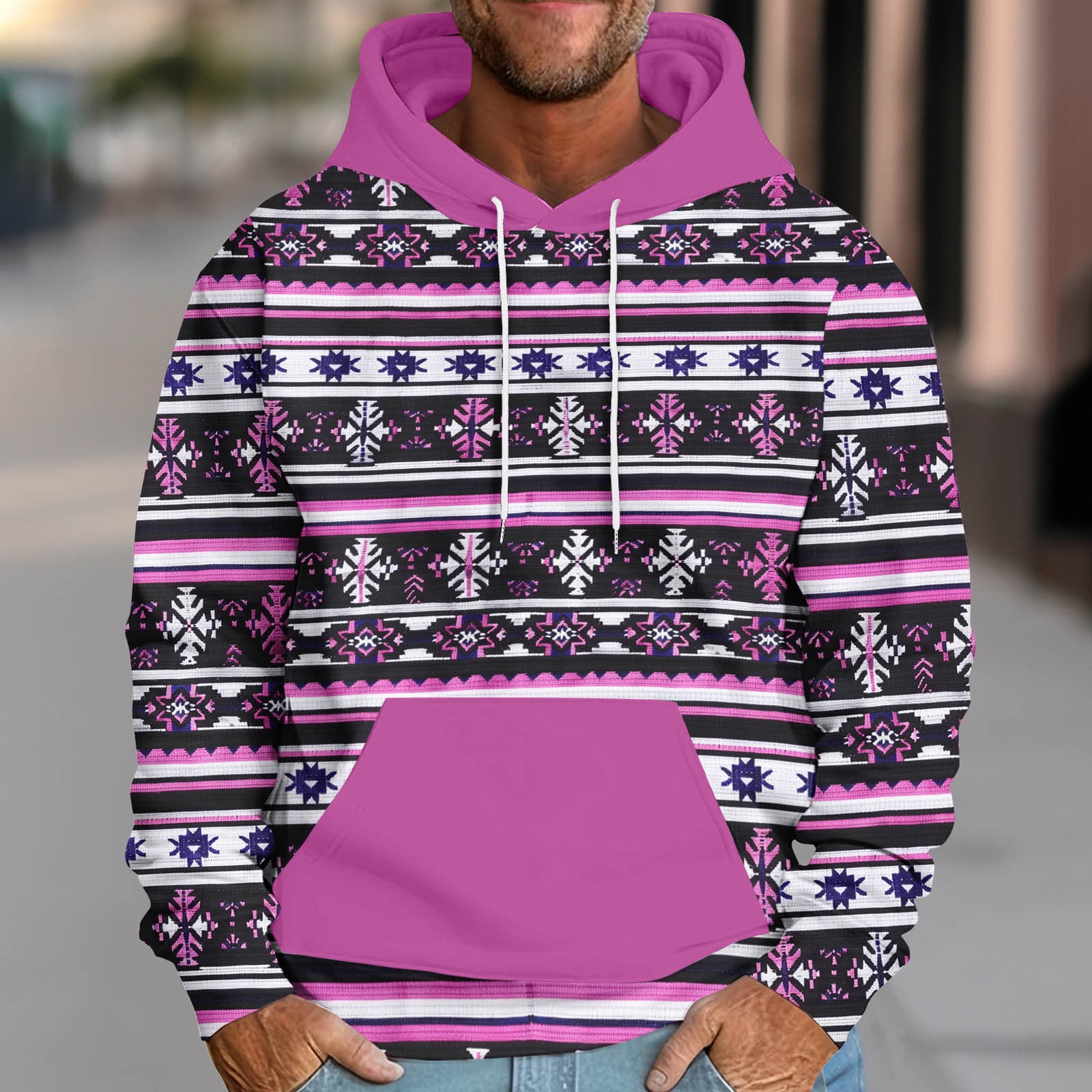 Bengbobar Western Aztec Hoodie For Men - Bull Print Fleece Pullover, Oversized Cowboy Style With Pocket, Long Sleeve