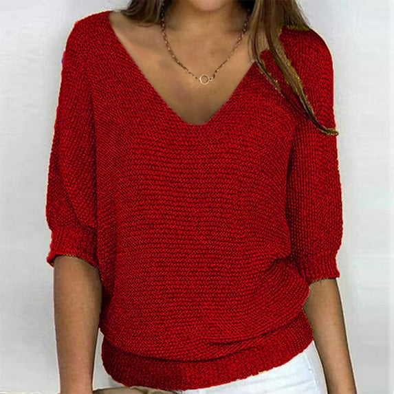 Zynviq V Neck Top for Ladies 3/4 Sleeve Red Knited Solid Classic T Shirts Women Shirt L