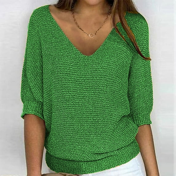 Zynviq V Neck Tops Ladies Green Knited 3/4 Sleeve Classic Solid T Shirts Shirt for Women XL