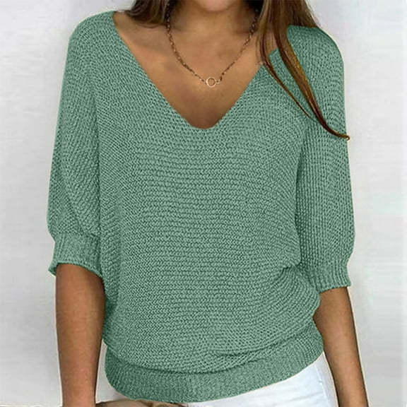 Zynviq V Neck Tops Women Green Knited 3/4 Sleeve Solid Classic T Shirts Women's Vacation Shirts XXL