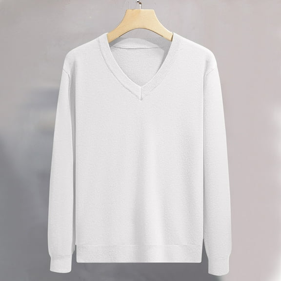 Zynviq White Sweater for Men V Neck Solid Pullover Oversized Long Sleeve Sweaters Soft Warm Sweaters for Men XXXL