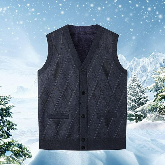 Zynviq Winter Sweaters for Men V Neck Button Down Sleeveless Plaid Fleece Sweater Vest Mens Tops,L
