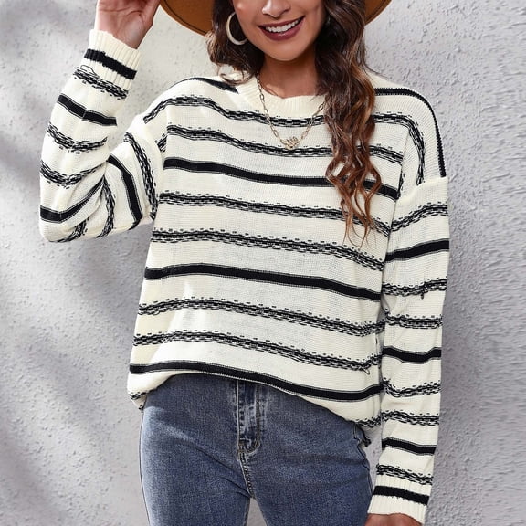 Zynviq Winter Sweaters for Women Beige Crew Neck Pullover Striped Long Sleeve Loose Sweater Ladies Sweater S