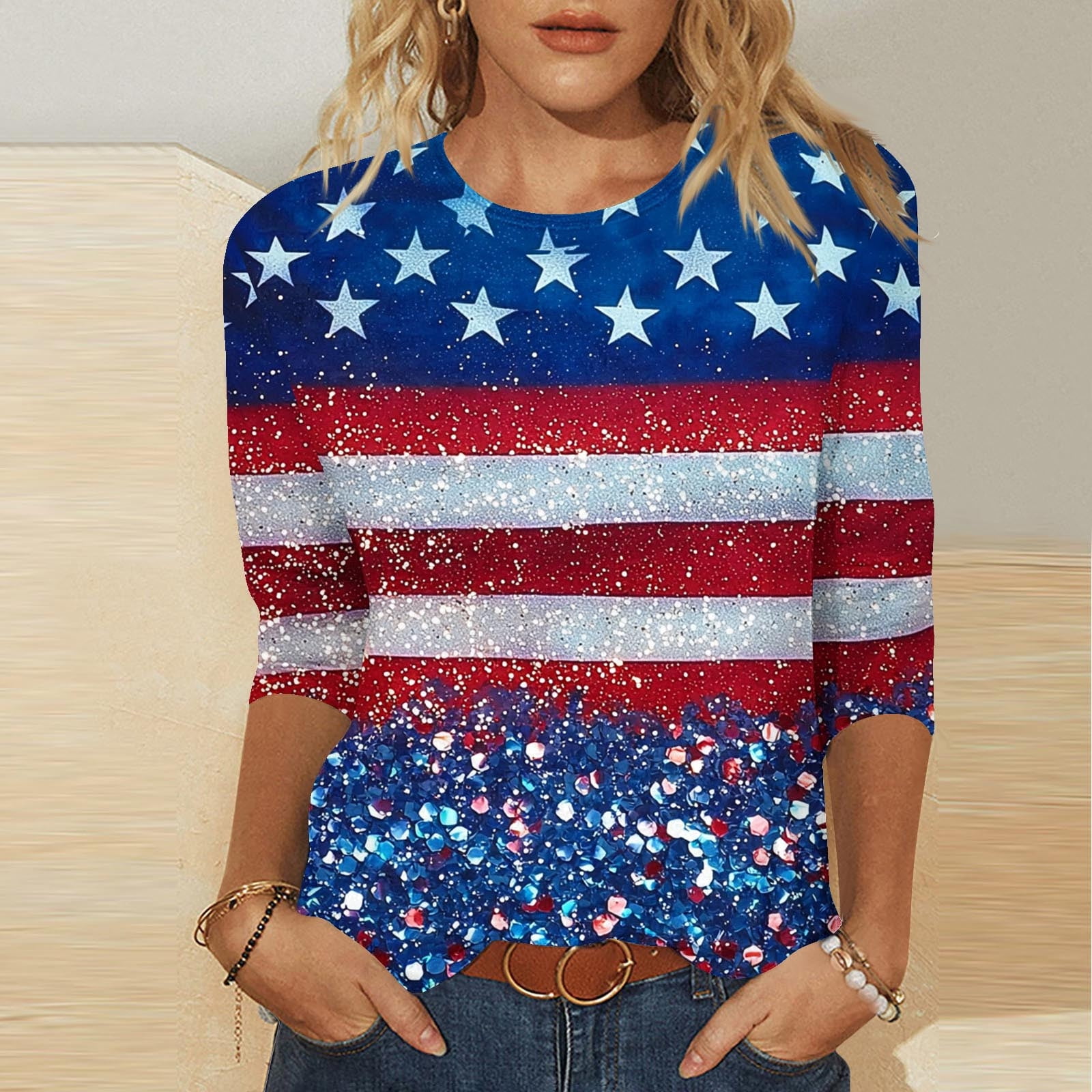 Zynviq Women Shirts July Fourth 3/4 Sleeve Relaxed Fit USA Flag T ...