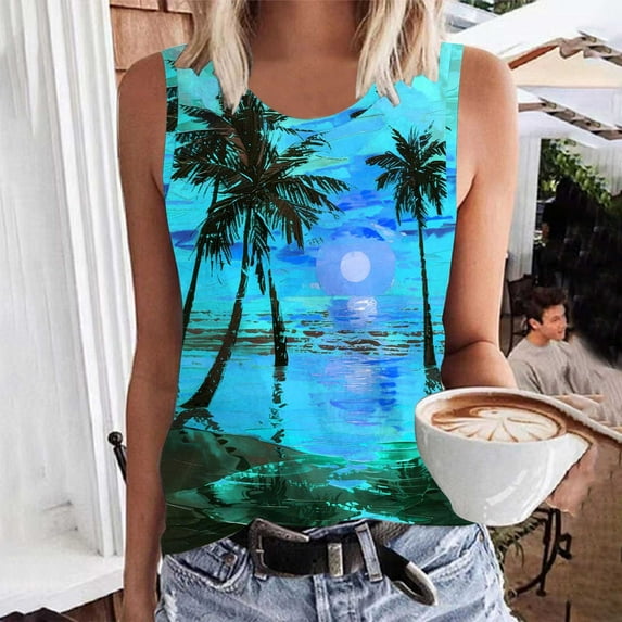 Zynviq Women's Tank Tops Sleeveless Tropical Hawaiian Printed Comfy V Neck Tank Tops Ladies Spring Tees L
