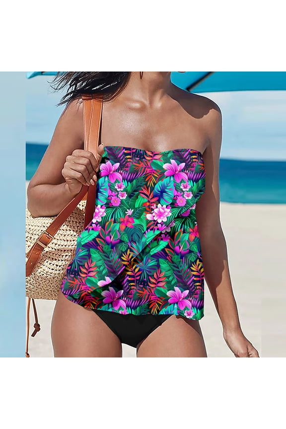 Womens Swimsuit Tops Tummy Control Strapless Off The Shoulder Bandeau Tankini Swimsuit Bathing Suit Women L