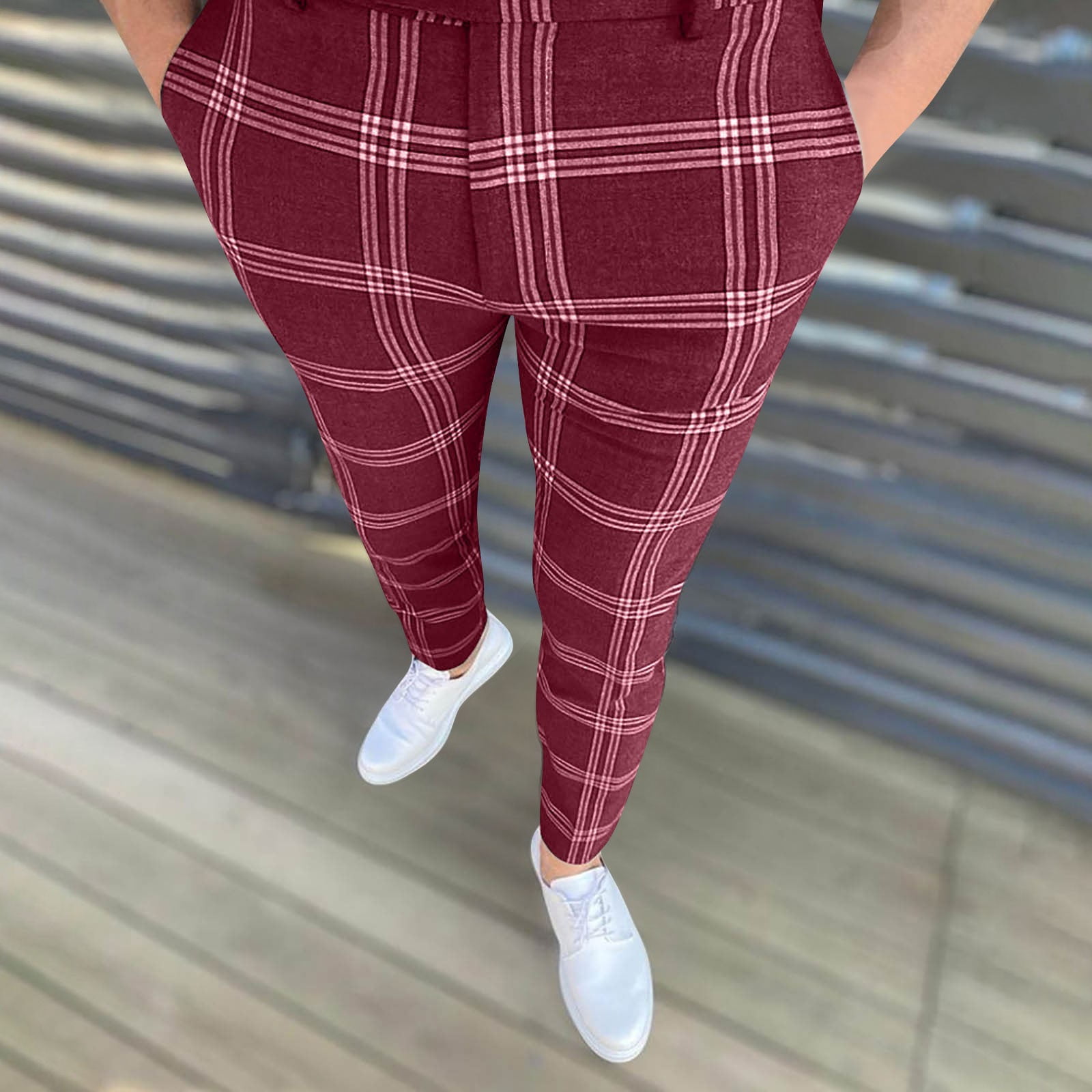 Zynviq Golf Pants Men Zipper Bussiness Plaid Stretch Skinny Dress