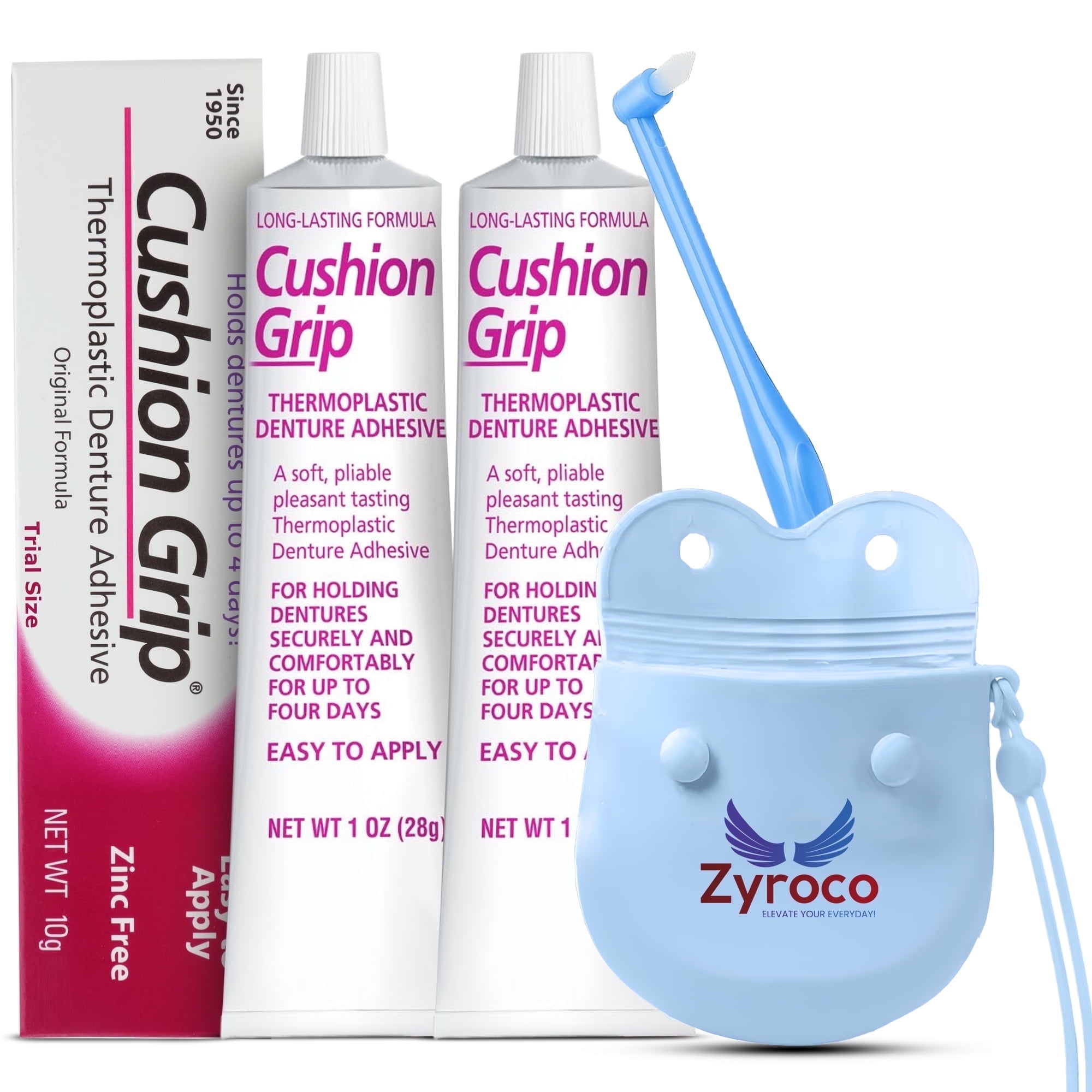 Zyroco Cushion Grip Denture Adhesive 1oz, 2 Pack with Silicone Case & Cleaning Brush  Waterproof Thermoplastic Reline Kit (4-Piece Set)